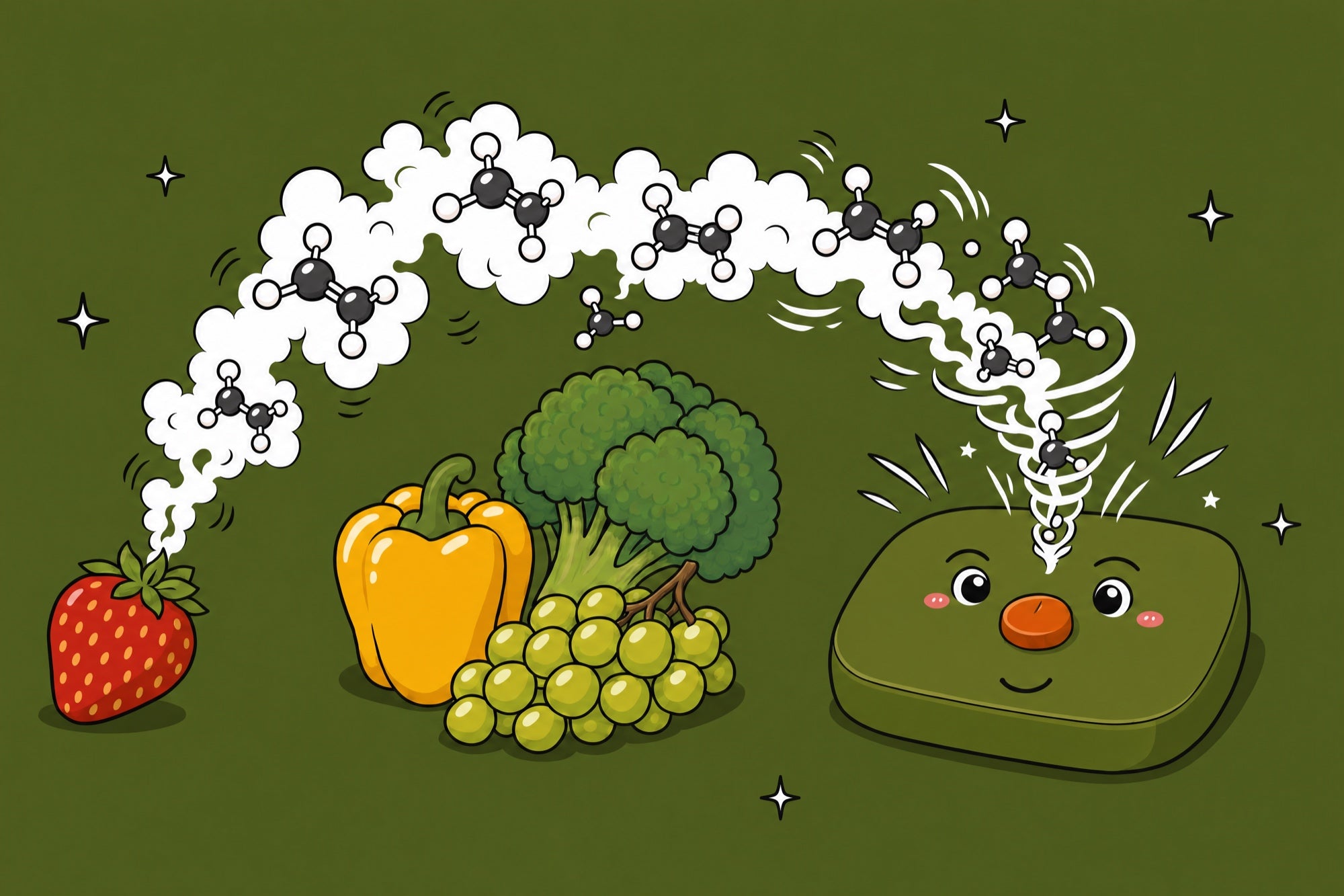 Cartoon Fridgie zuigt ethyleen-gas op voordat het je verse groente en fruit kan bereiken